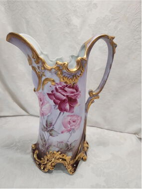 Hand Painted Nippon 12" Tankard Pitcher Lavender Body,Pink Roses, Gold Trim
